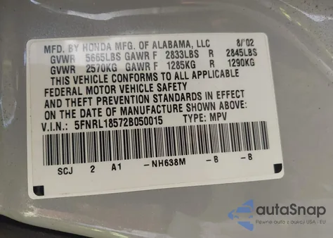2002 Honda Odyssey Lx from USA, damaged, VIN 5FNRL18572B050015